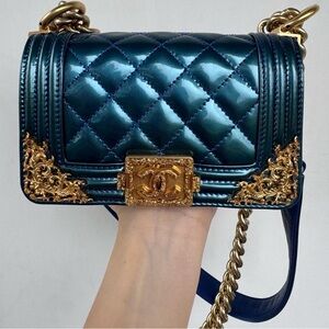 Chanel LeBoy Mini Metallic Quilted Bag with Gold Hardware Blue